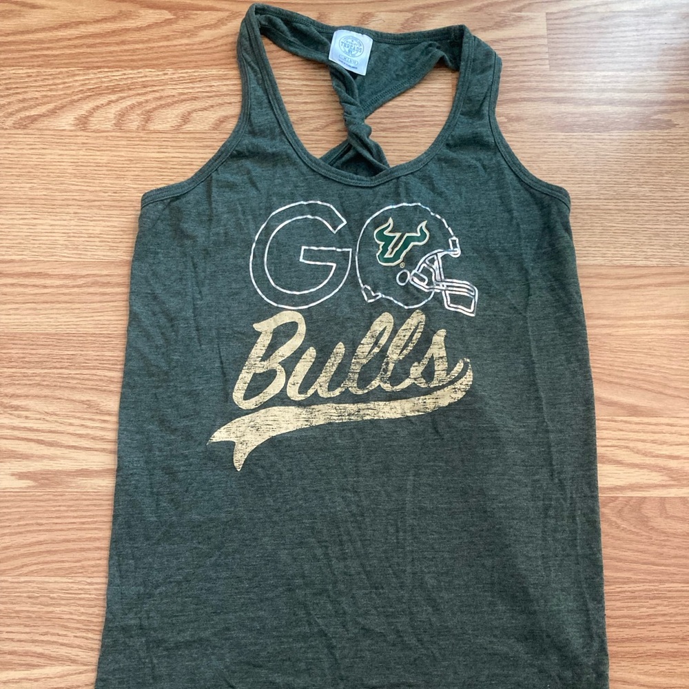 University of South Florida USF bulls football womens tank top green and gold